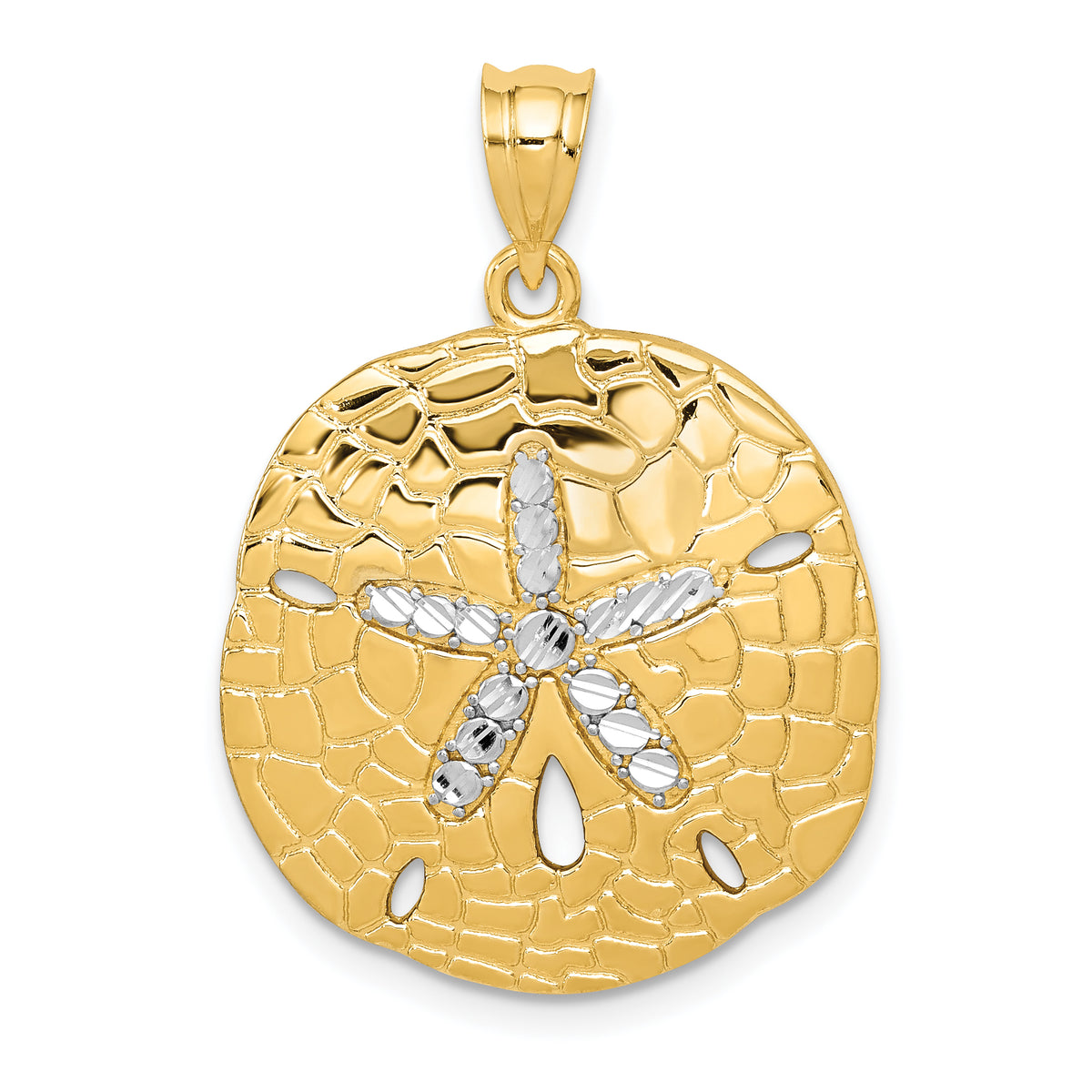 14K with White Rhodium Polished Diamond-Cut Sand Dollar Pendant