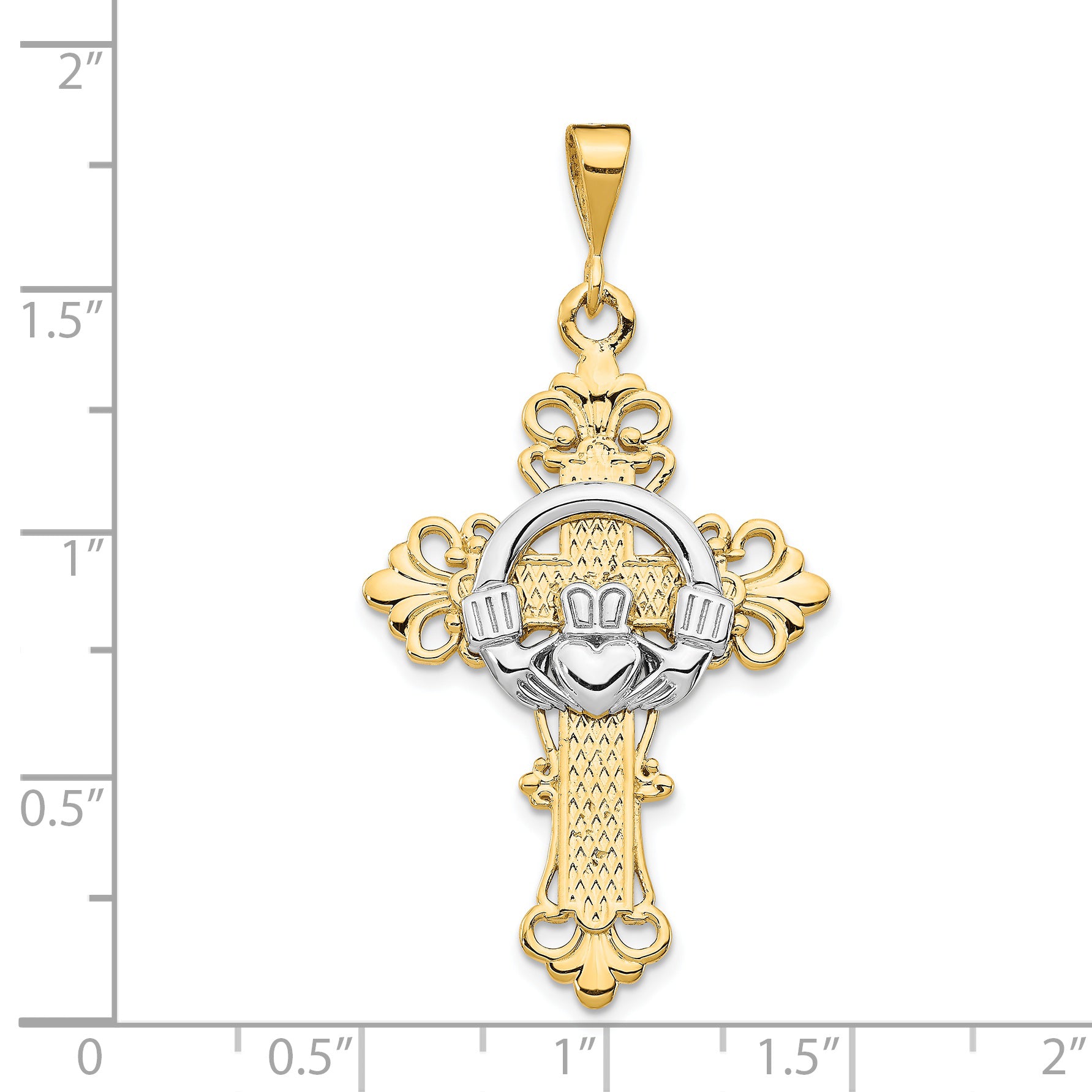 14K Two-Tone Gold Claddagh Cross Pendant with Polished Finish