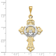 14K Two-Tone Gold Claddagh Cross Pendant with Polished Finish