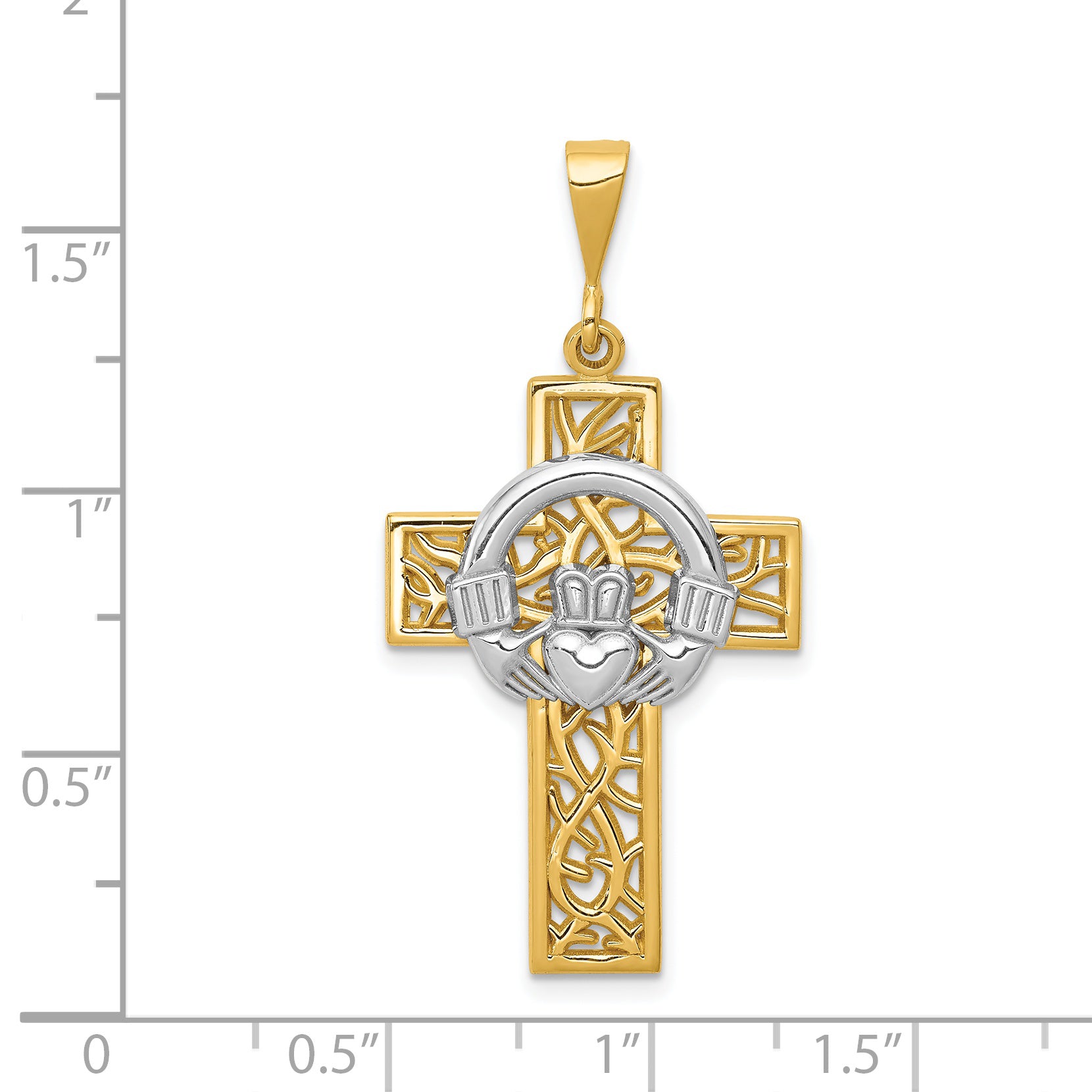 14K Two-Tone Gold Claddagh Cross Pendant with Polished Finish