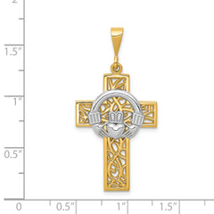 14K Two-Tone Gold Claddagh Cross Pendant with Polished Finish