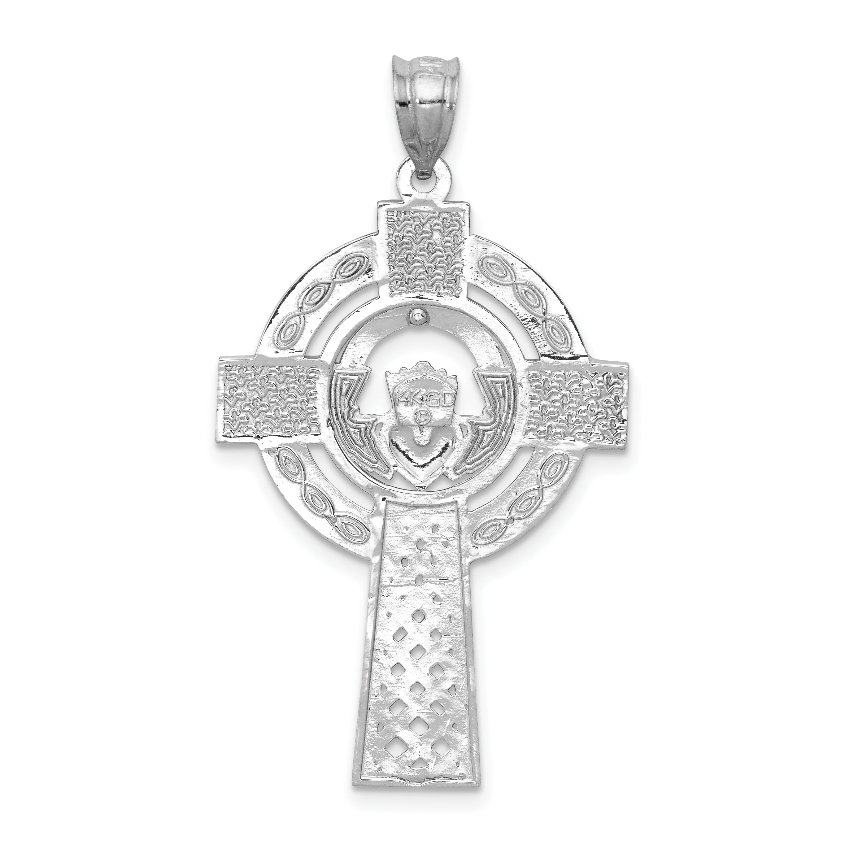 14K White Gold Celtic Claddagh Cross Pendant with Rhodium Finish