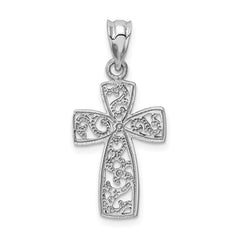 14K White Gold Filigree Cross Pendant with Rhodium Plating, Reversible Design