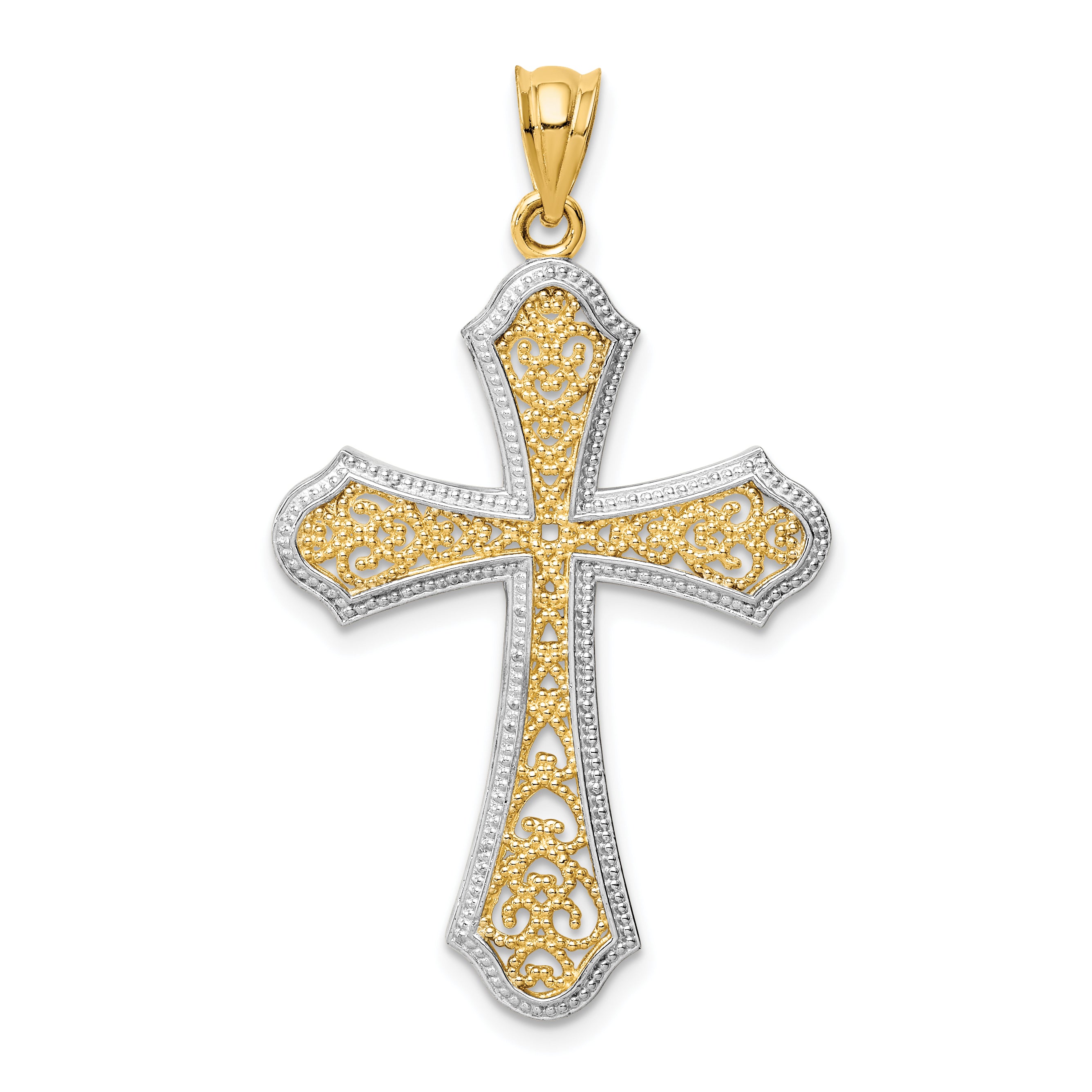 14k w/Rhodium Filigree Cross Pendant