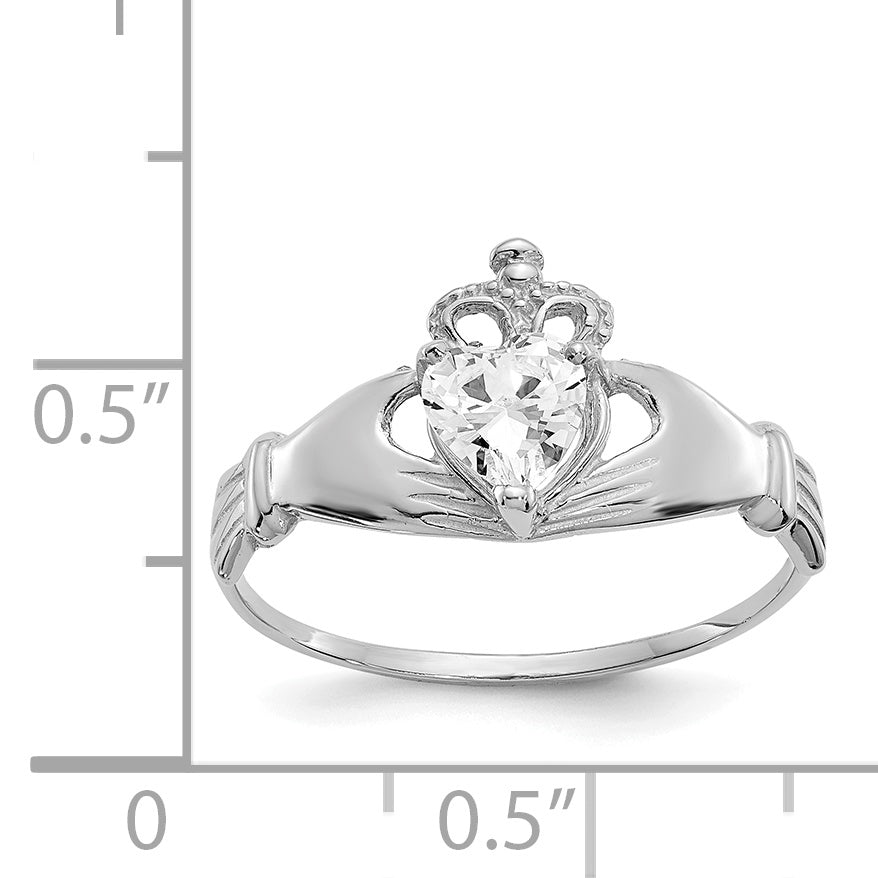 14k White Gold CZ April Birthstone Claddagh Heart Ring