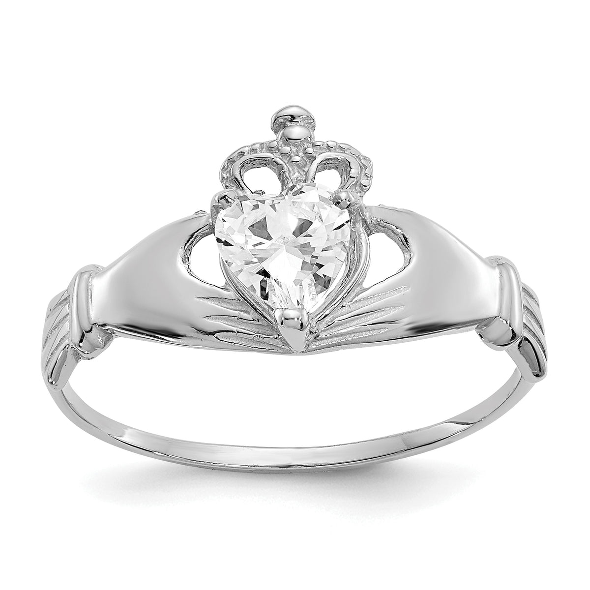 14k White Gold CZ April Birthstone Claddagh Heart Ring