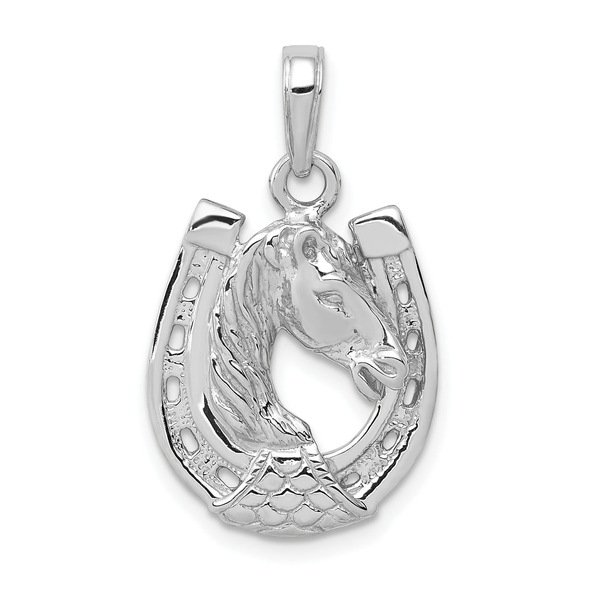 14K White Gold Solid Polished Horse Head in Horseshoe Pendant