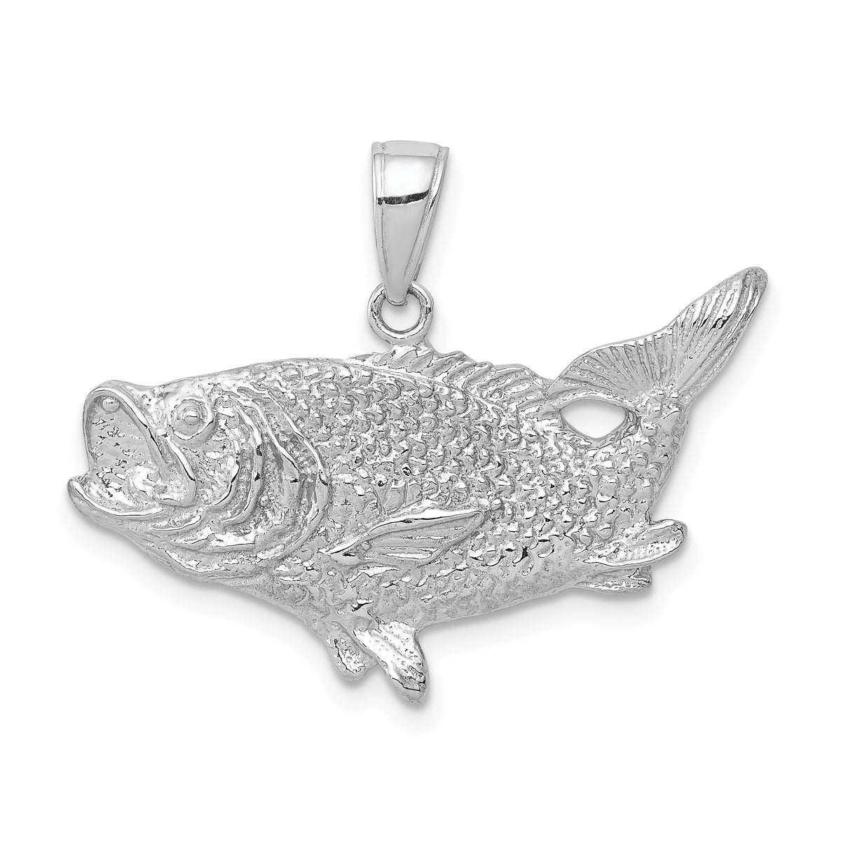 14K White Gold Bass Fish Pendant with Polished Rhodium Finish, 22mm