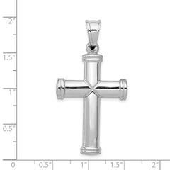 14K White Gold Hollow Cross Pendant with Polished Finish and Rhodium Plating