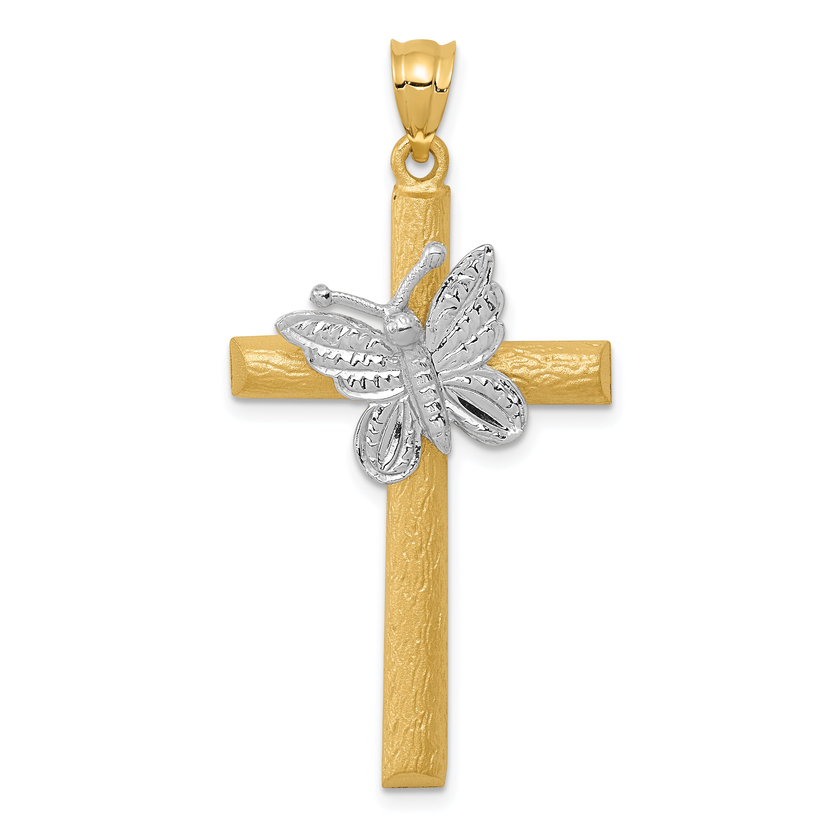 14k Two-tone Cross w/Butterfly Pendant