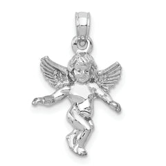 **14K White Gold 3D Angel Pendant with Polished Rhodium Finish Symbolic Elegance**