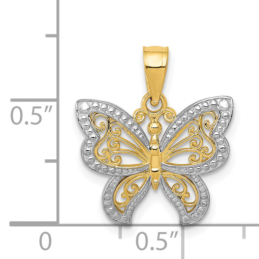 14K Gold and Rhodium Butterfly Charm with Polished Textured Finish — Elegant Nature-Inspired Jewelry