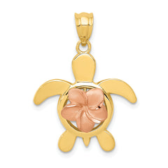 14k Two-tone Diamond-cut Rose Plumeria Turtle Pendant