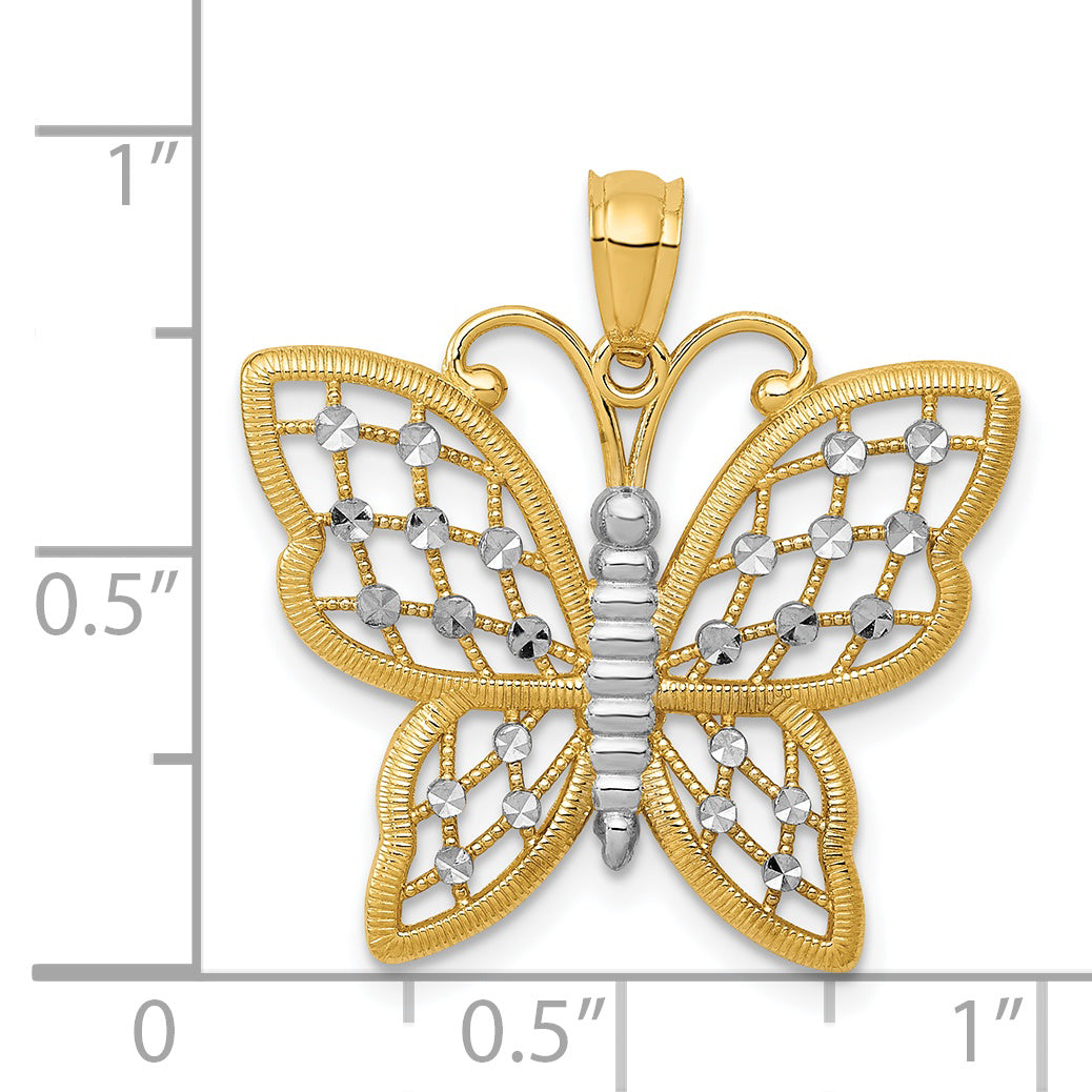 14K Gold and Rhodium Diamond-Cut Butterfly Pendant in Polished Finish