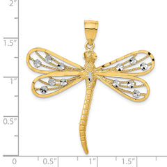 14K Gold Diamond-Cut Dragonfly Pendant with Rhodium Filigree Detailing