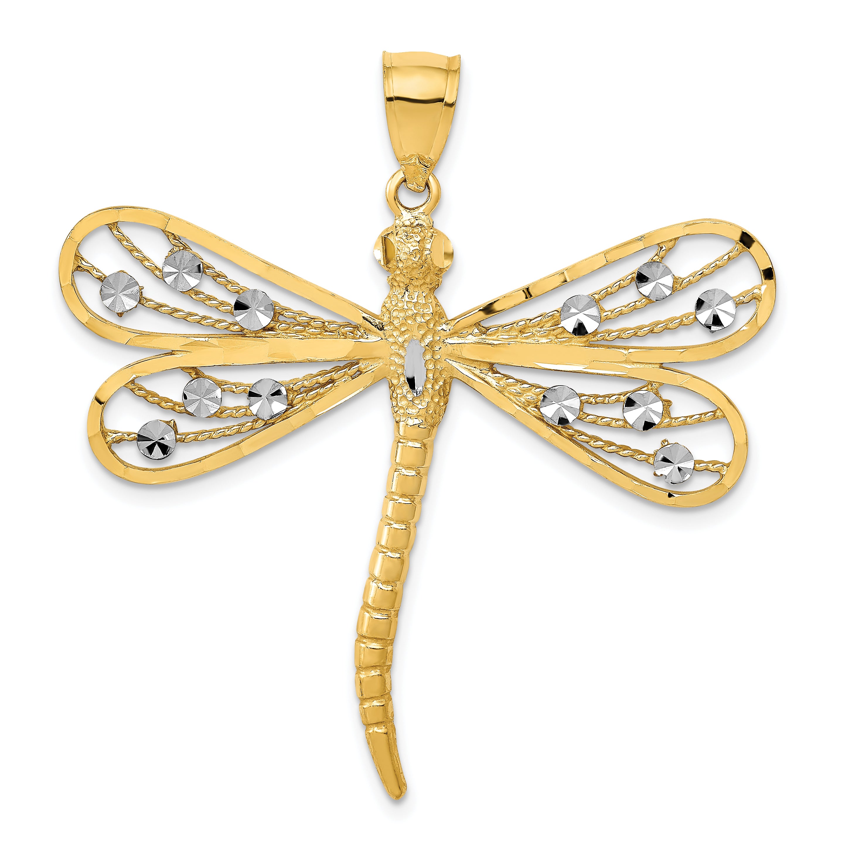 14K w/Rhodium Diamond-cut Filigree Dragonfly Pendant