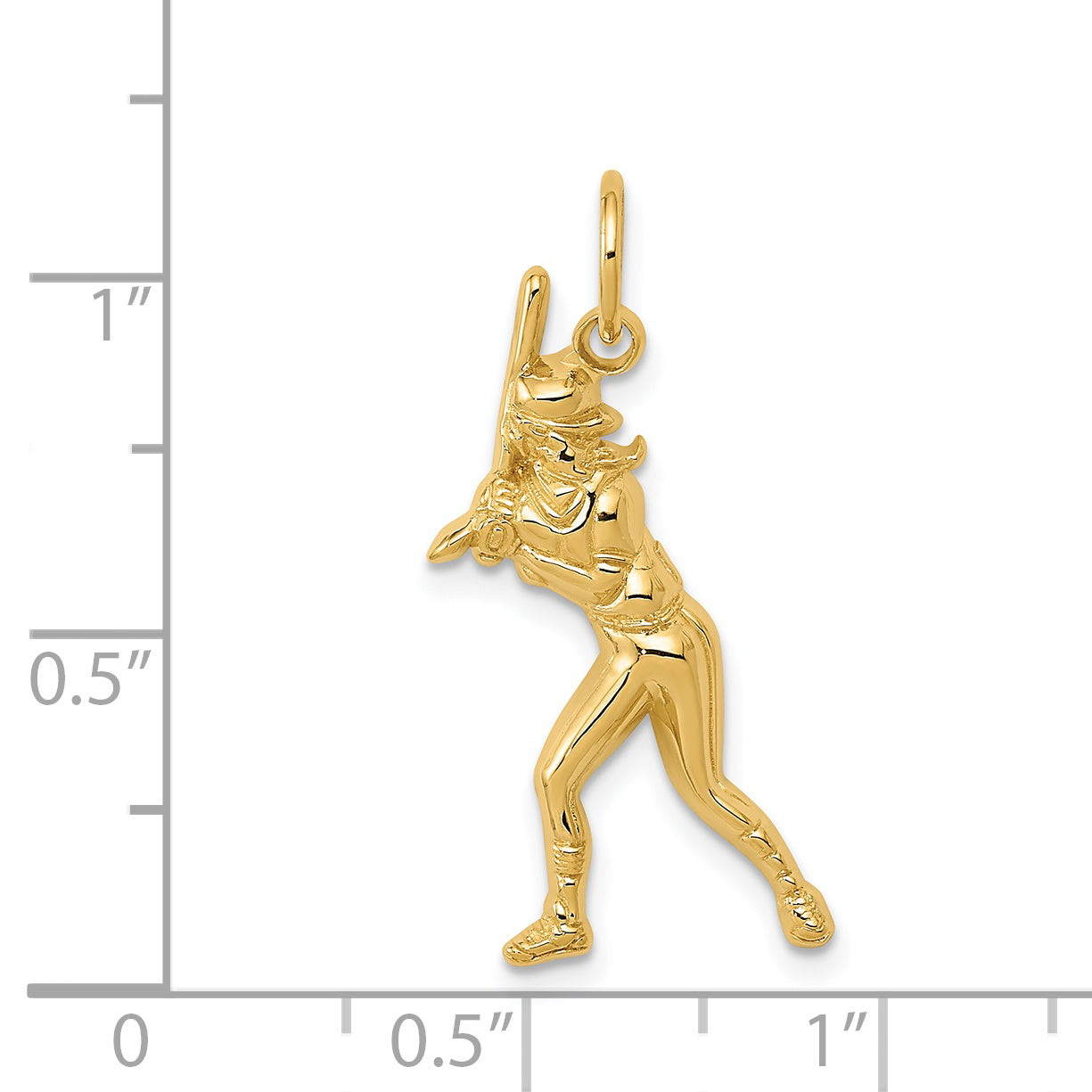 14K Gold Female Baseball Batter Charm with Polished Textured Finish