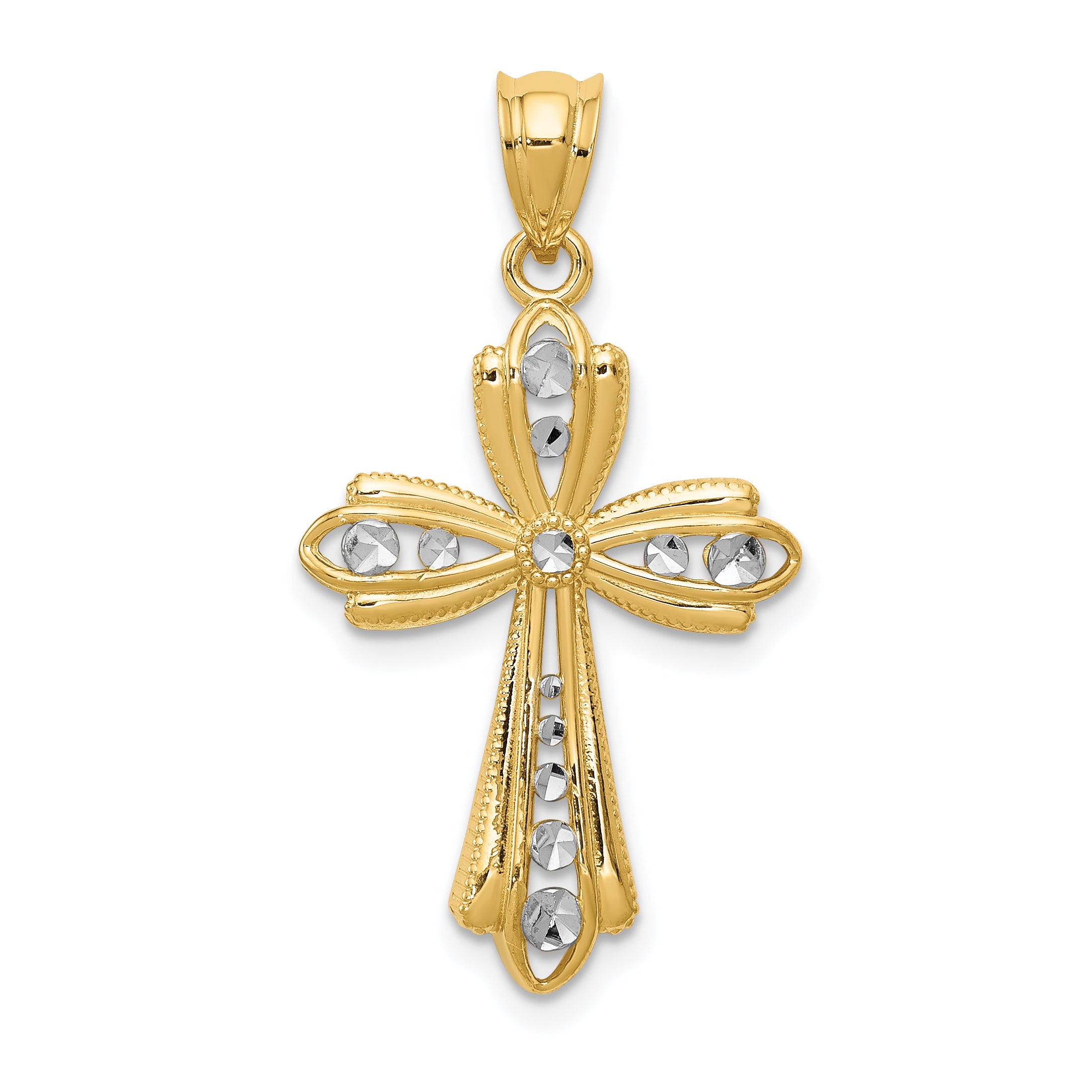 14K w/Rhodium Diamond Cut Cross Charm