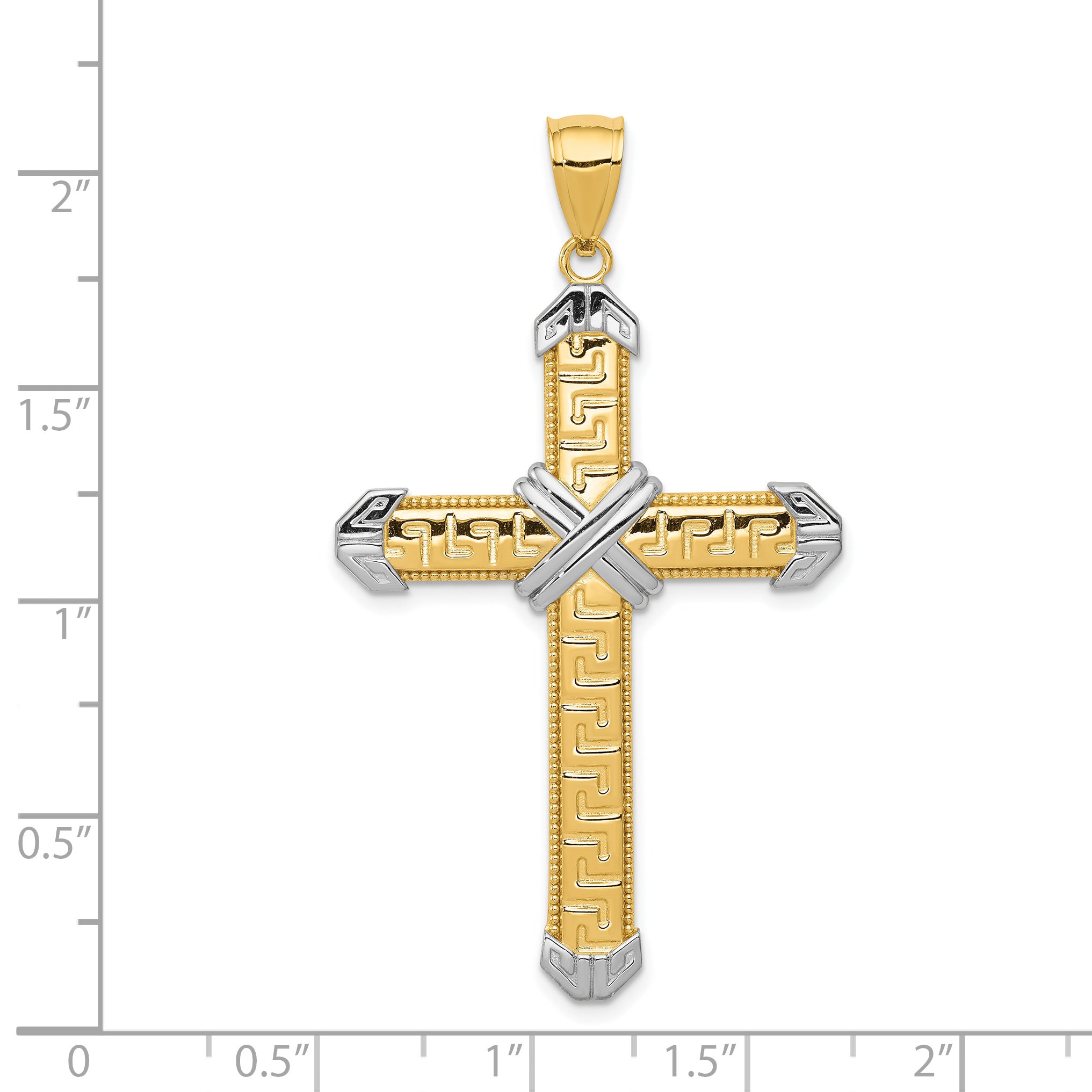 14K Gold and Rhodium Greek Key Cross Pendant Elegant and Solid Design