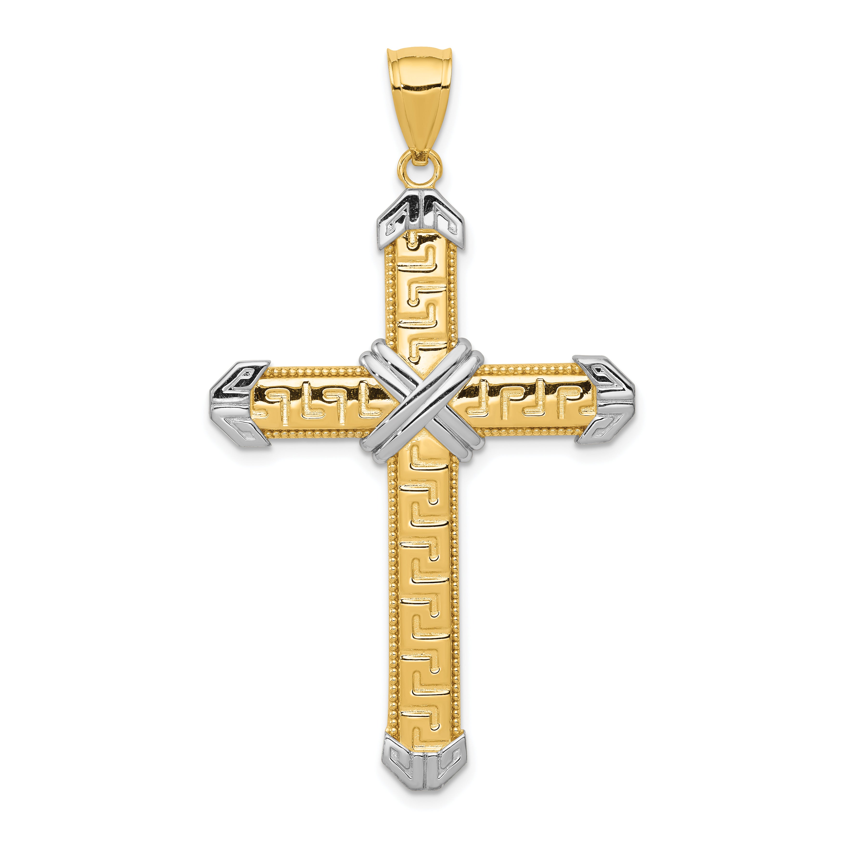 14K And Rhodium Greek Key Cross Pendant