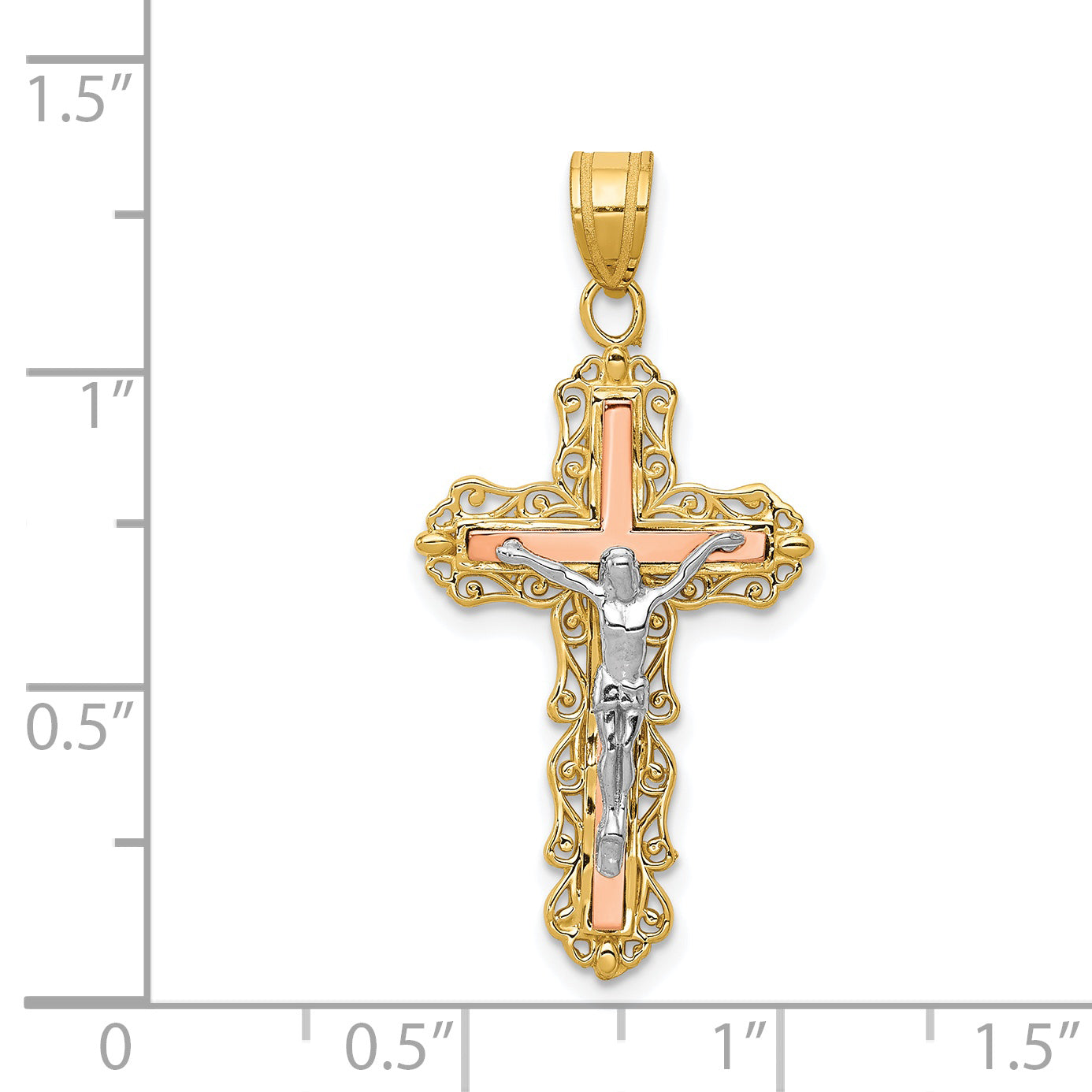 14K Tri-Color Gold Crucifix Pendant with Diamond-Cut Detail 35mm Elegant Charm