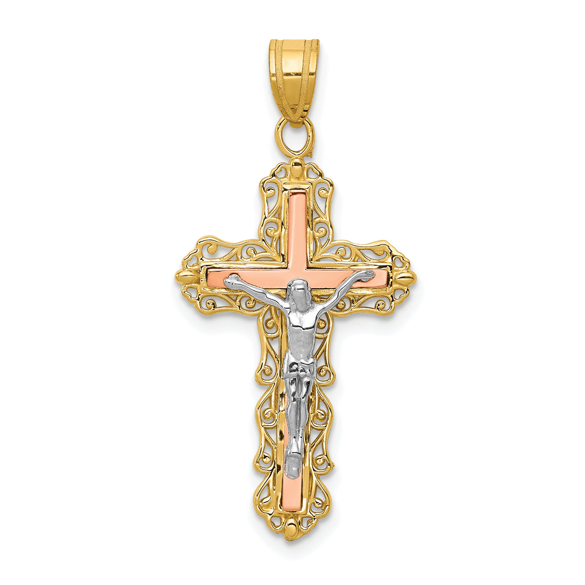 14K Tri-color Diamond-cut Crucifix Pendant