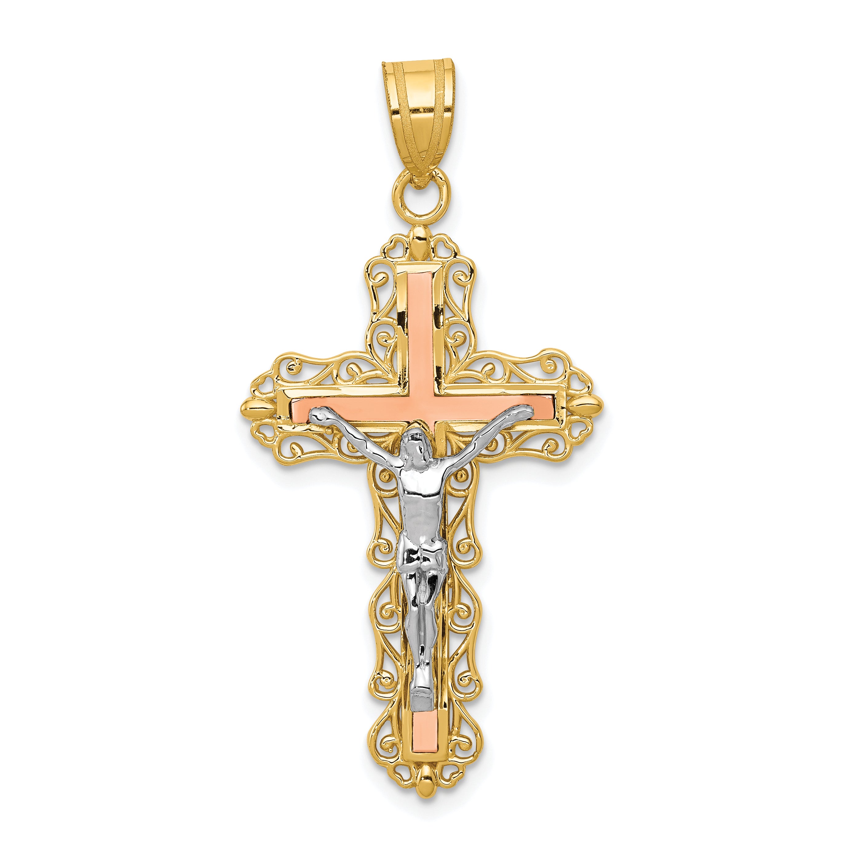 14K Tri-color Diamond-cut Crucifix Pendant