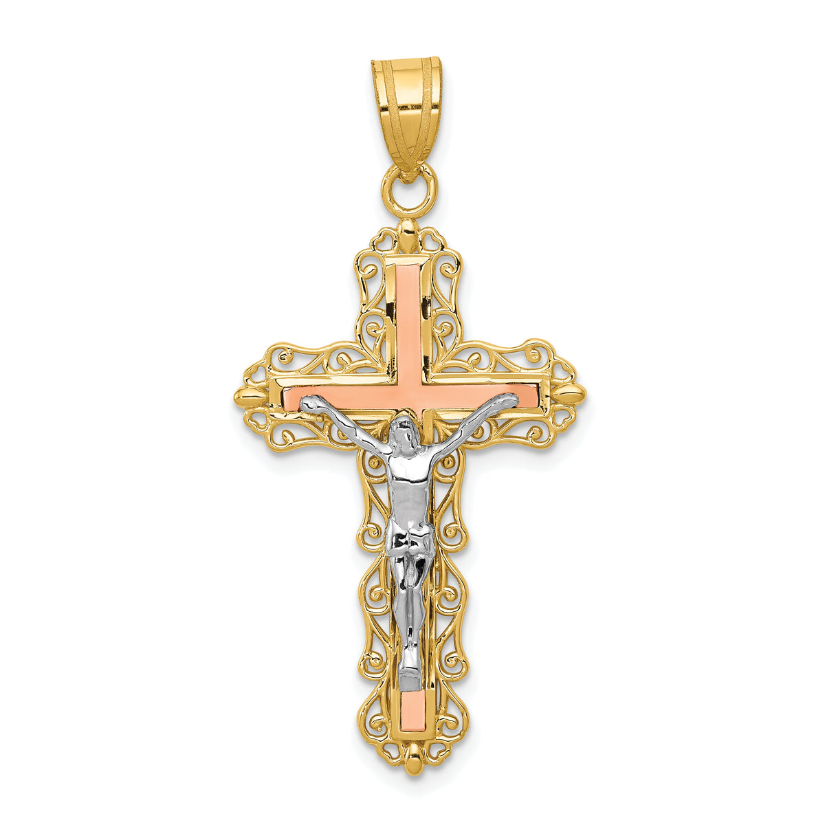 14K Tri-color Diamond-cut Crucifix Pendant