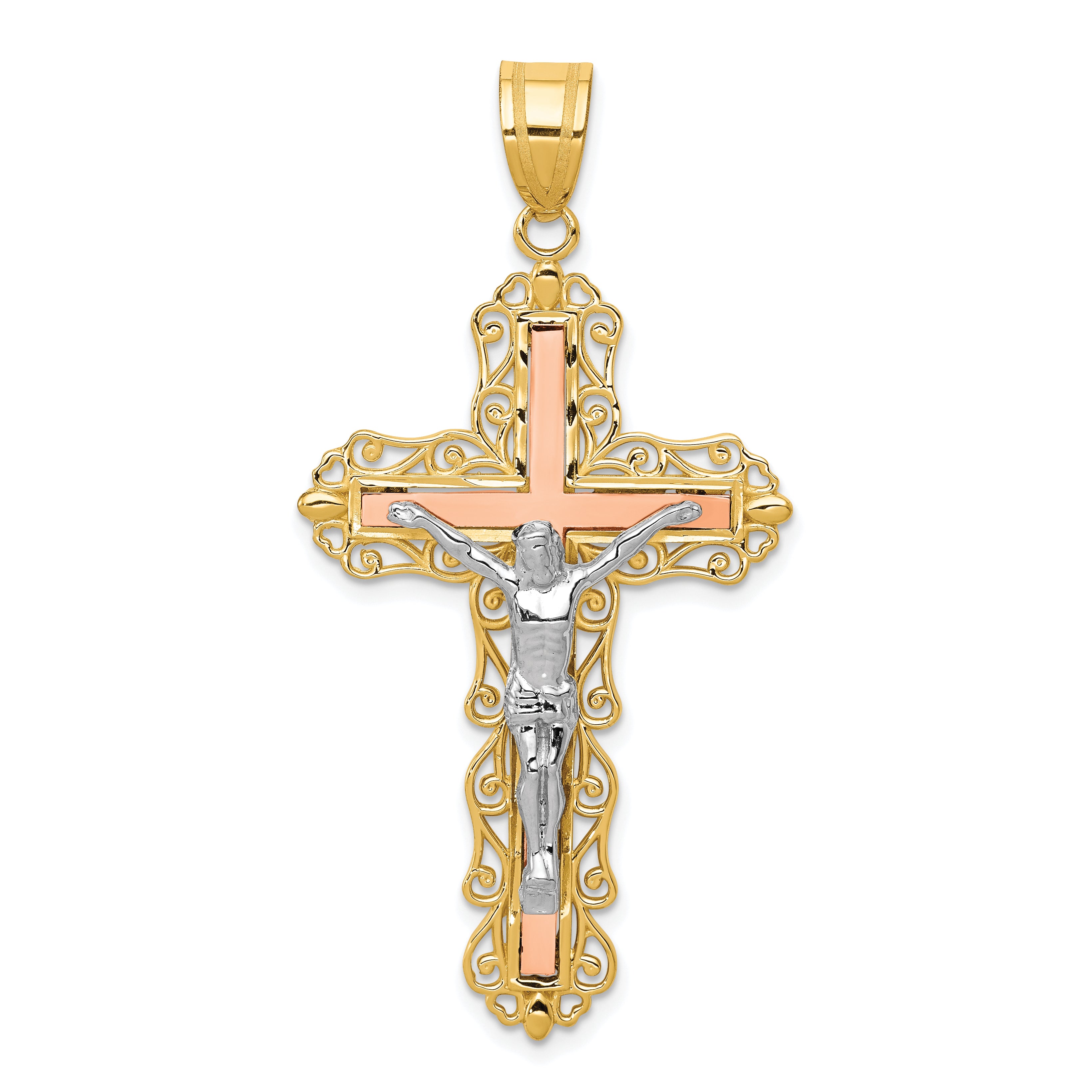 14K Tri-color Diamond-cut Crucifix Pendant