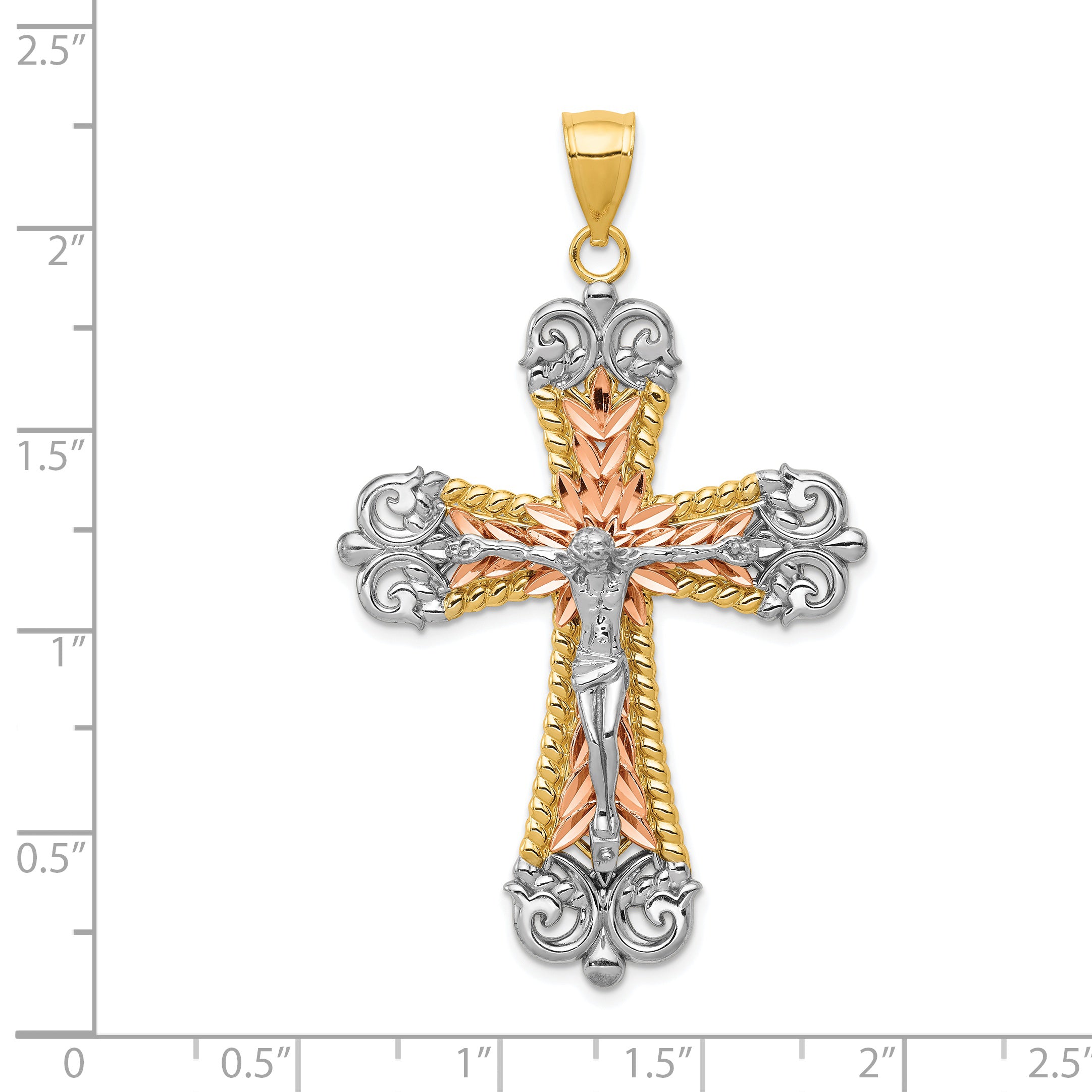 14K Tri-Color Gold Crucifix Pendant with Solid Casted Design 55mm