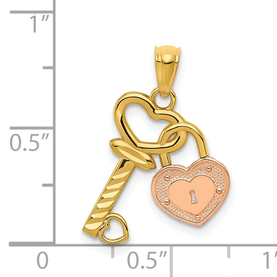 14K Two-Tone Gold Heart Lock and Key Pendant  Polished, Solid, Themed Design