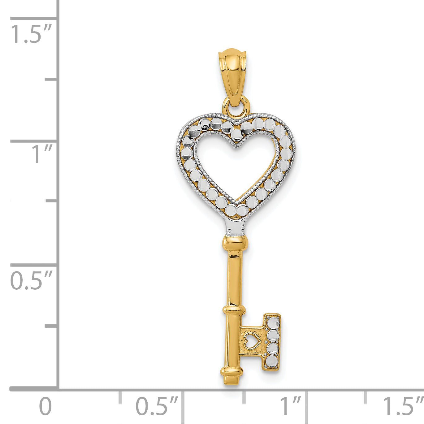 14K Gold Heart Key Charm with White Rhodium Accents, Polished Finish