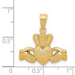 14K Gold Claddagh Pendant with Textured Crown and Polished Finish