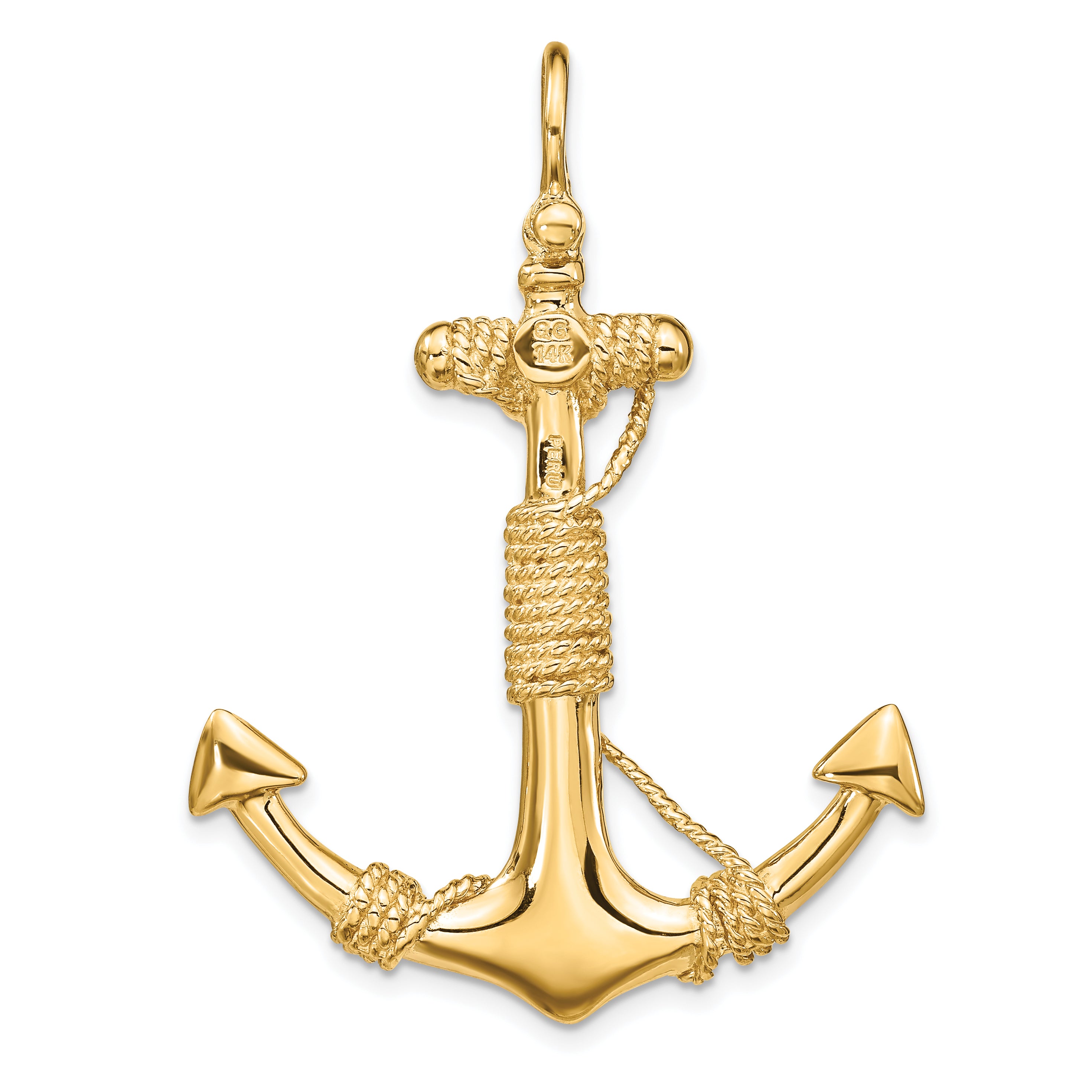 14K Gold Solid Anchor with Rope Pendant Casted, Bold Men's Design