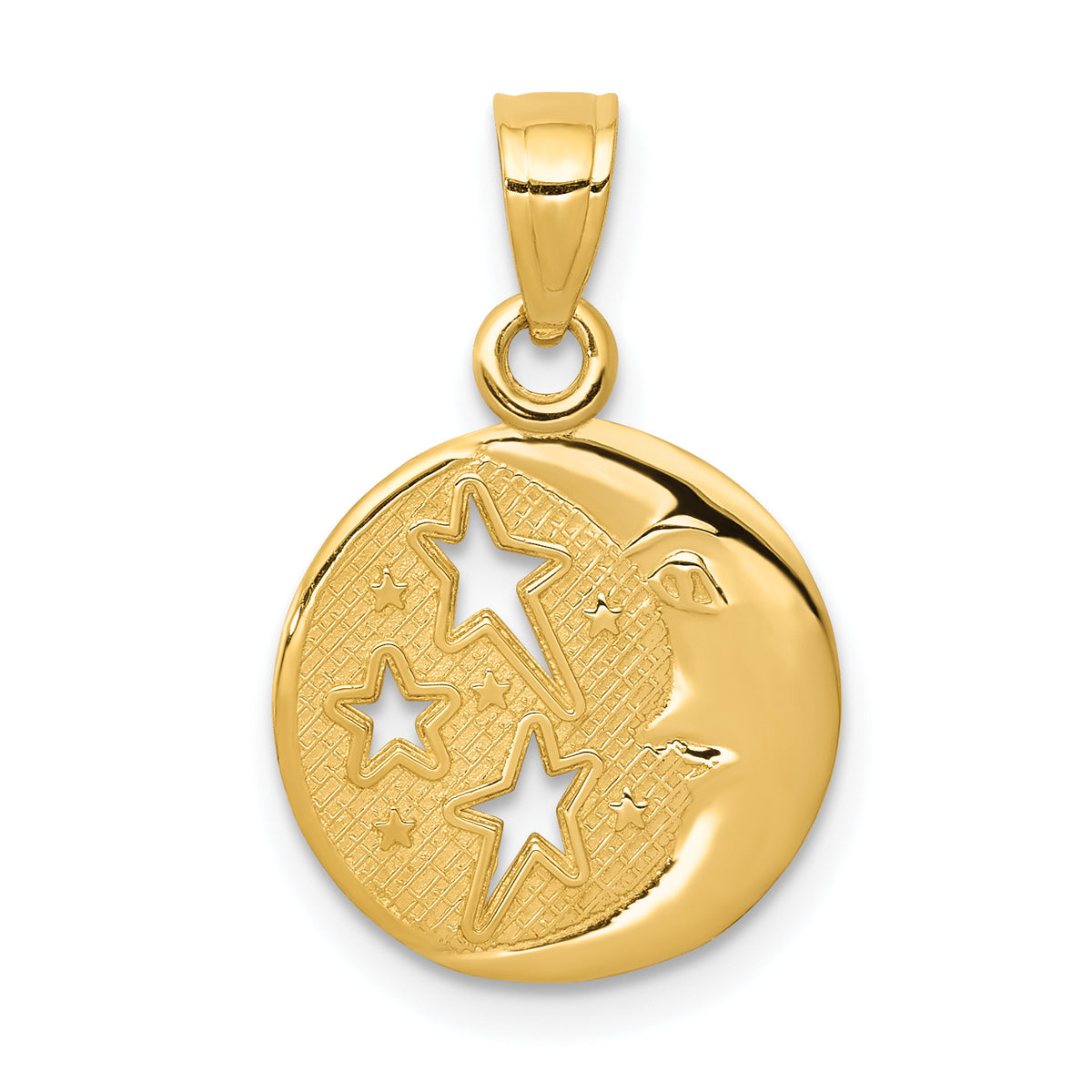 14k Polished Flat-Backed Moon with Three Stars Pendant