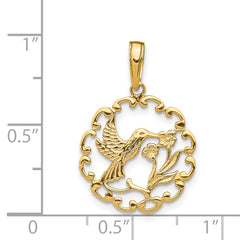 14K Gold Hummingbird and Flower Pendant with Polished Finish