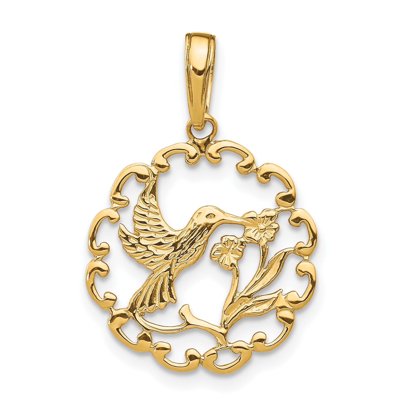 14K Hummingbird w/Flower in Frame Pendant