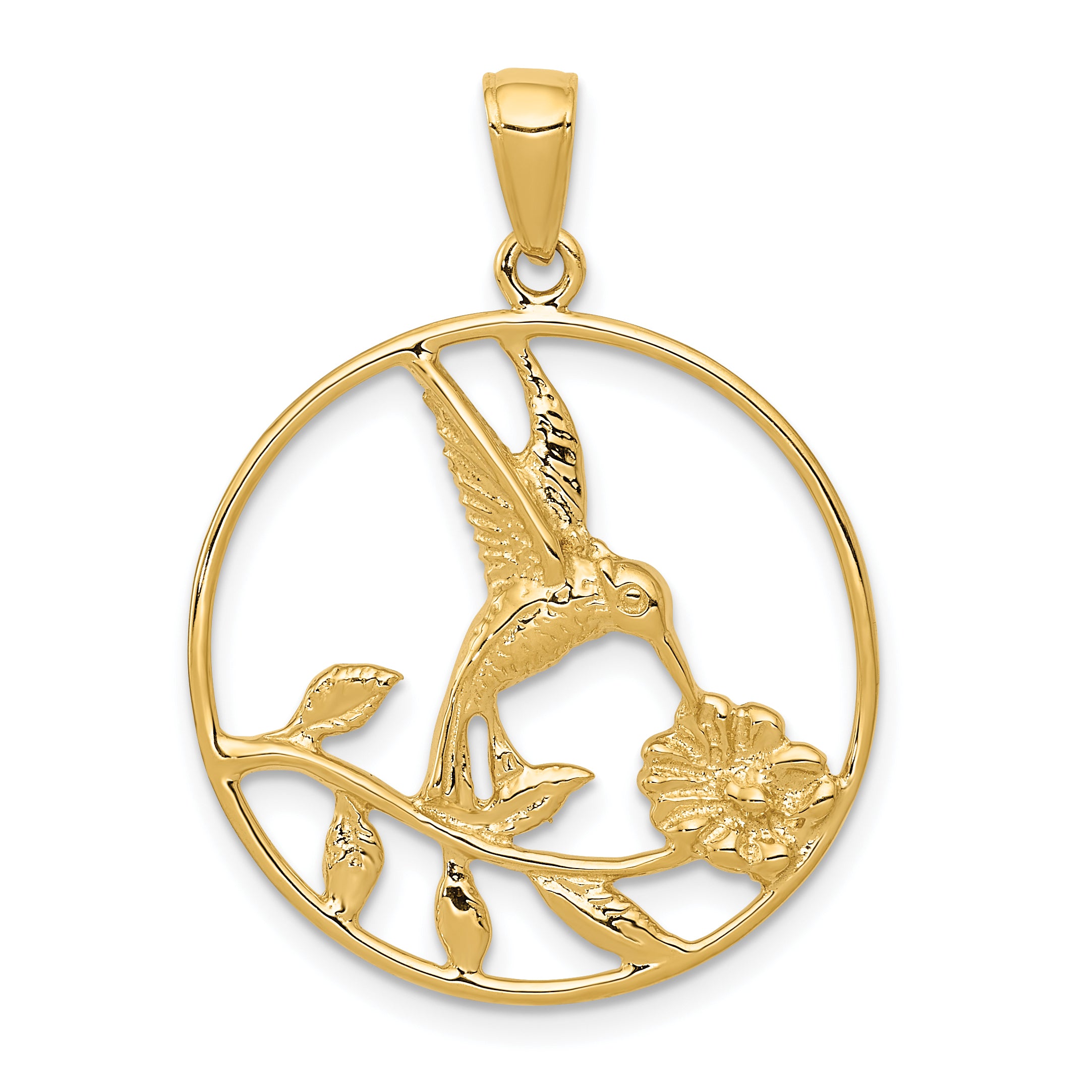 14K Hummingbird in Round Frame Pendant