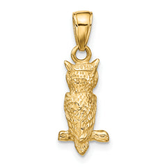 14K Gold 3D Owl Pendant with Polished Finish and Textured Detail