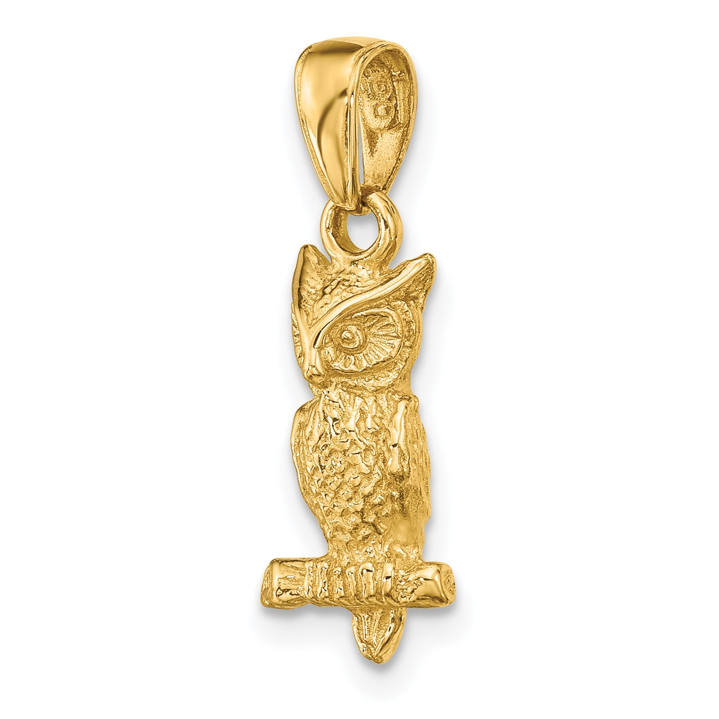 14K Gold 3D Owl Pendant with Polished Finish and Textured Detail