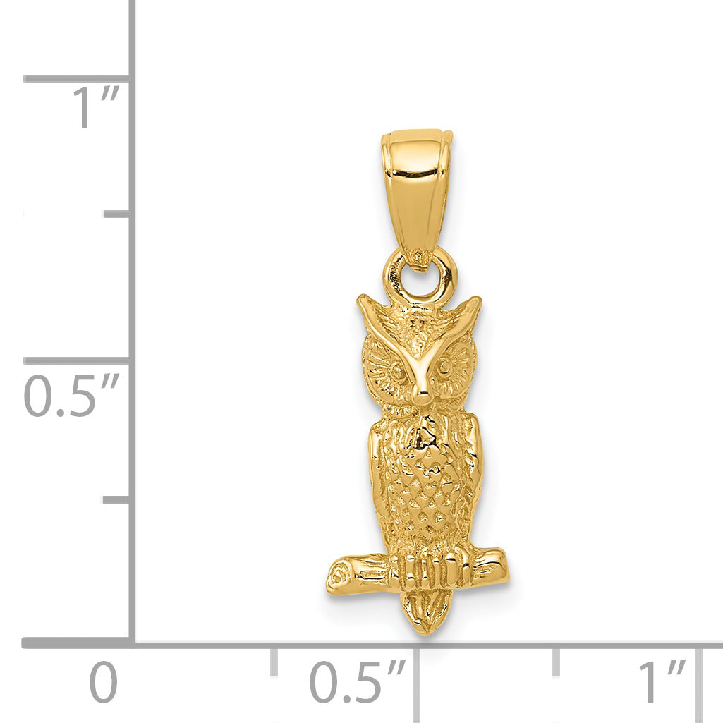 14K Gold 3D Owl Pendant with Polished Finish and Textured Detail