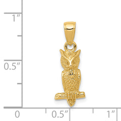 14K Gold 3D Owl Pendant with Polished Finish and Textured Detail