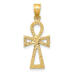 14K Gold Ankh Cross Charm with Polished Finish and Textured Back