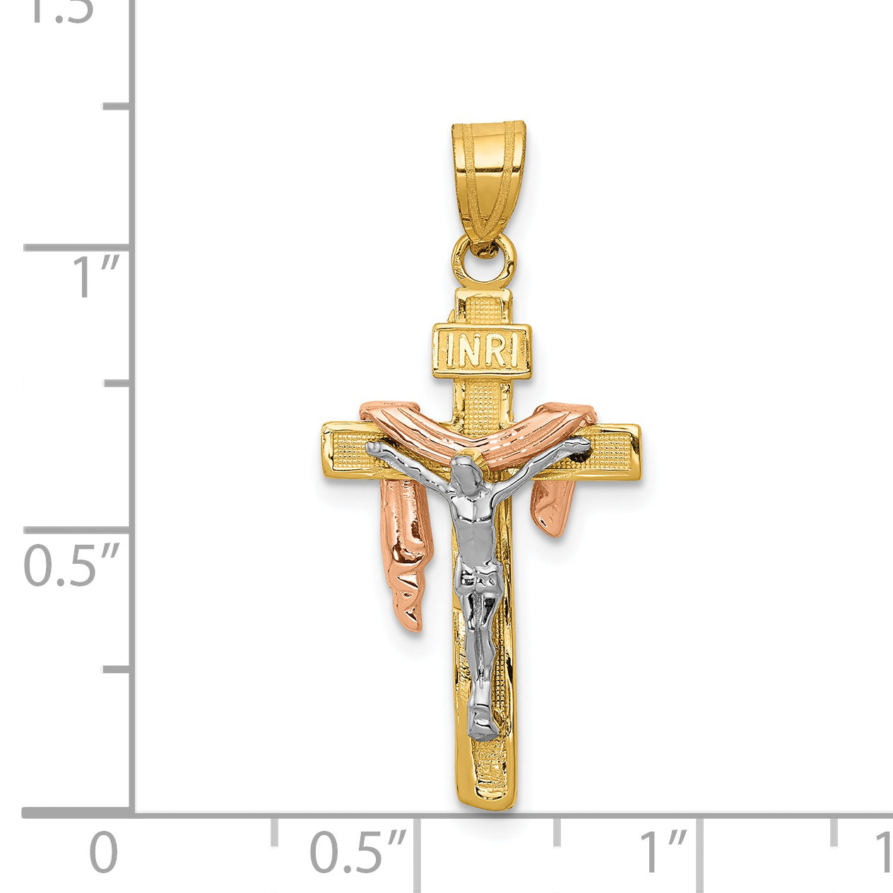 14K Tri-Color Gold INRI Crucifix Pendant with Diamond-Cut Accents & Polished Finish