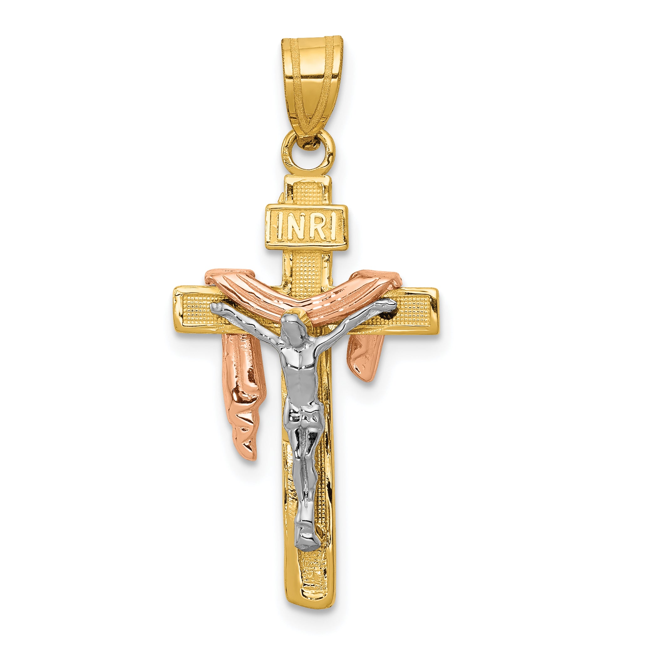 14K Tri-color Diamond-cut Small Draped INRI Crucifix Pendant