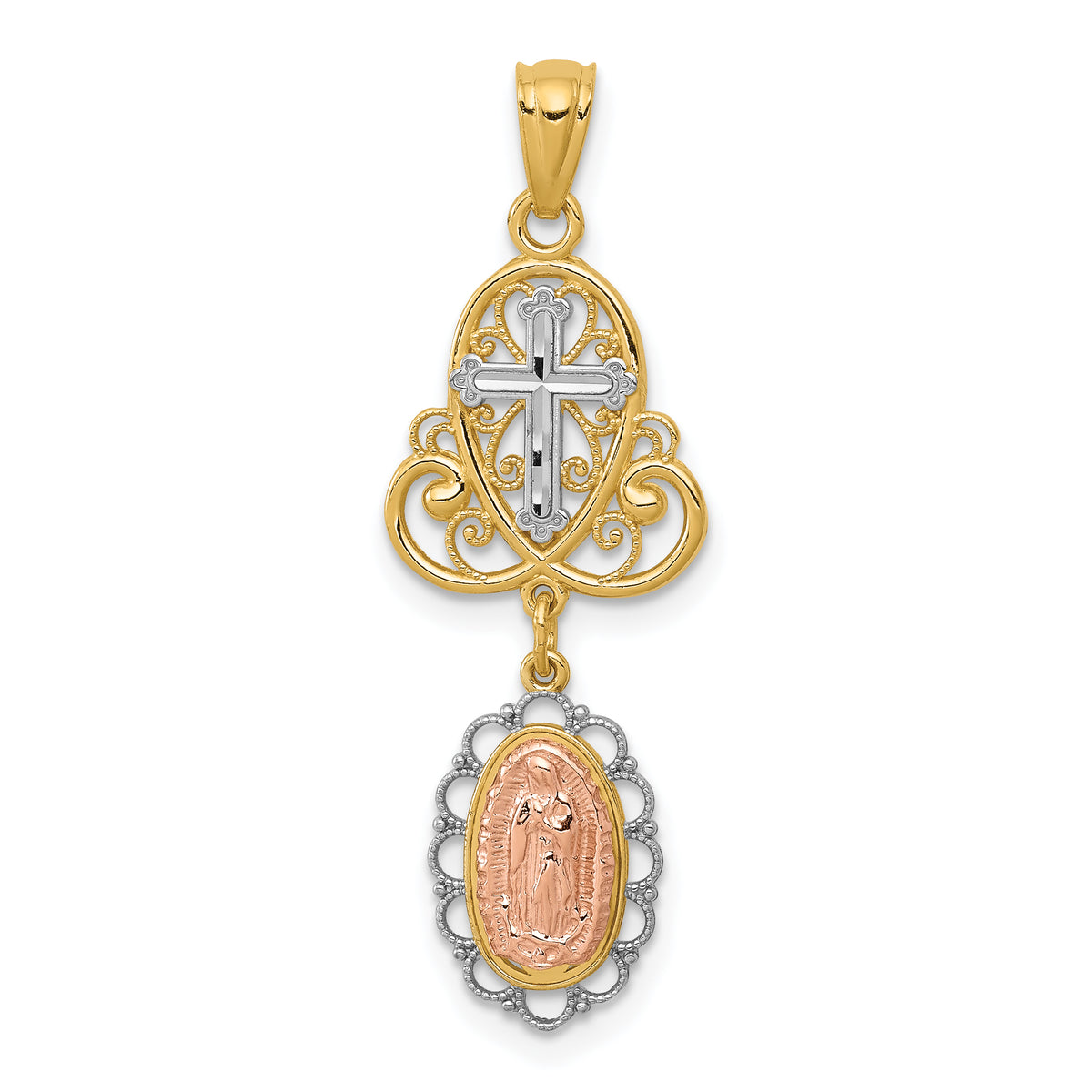 14K Two-Tone w/White Rhodium Lady Guadalupe Cross Pendant