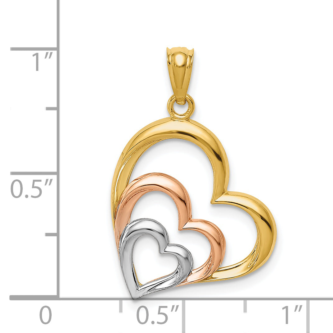 14K Two-Tone Gold 3 Hearts Pendant with White Rhodium Polished Finish