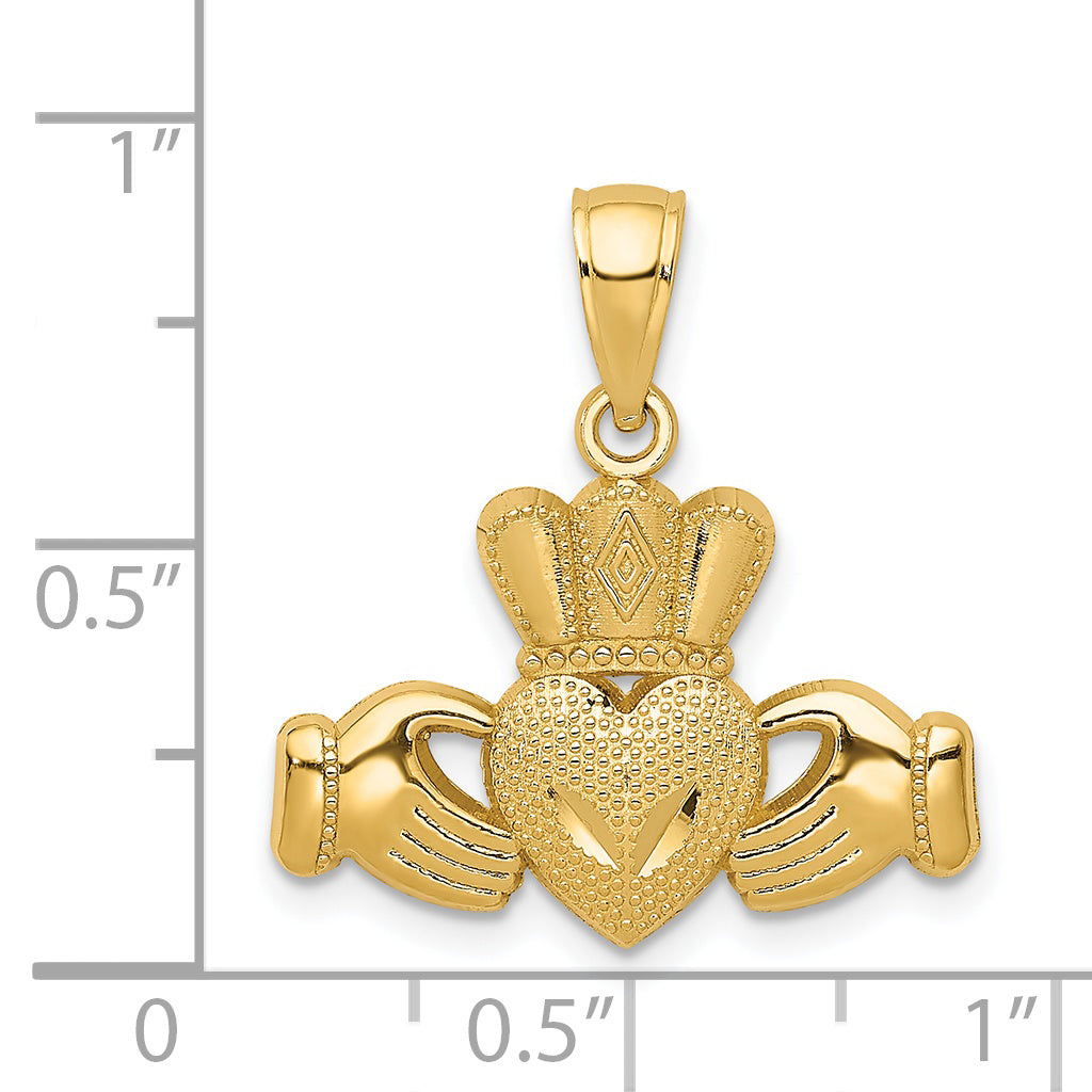 14K Gold Claddagh Pendant with Polished and Textured Finish