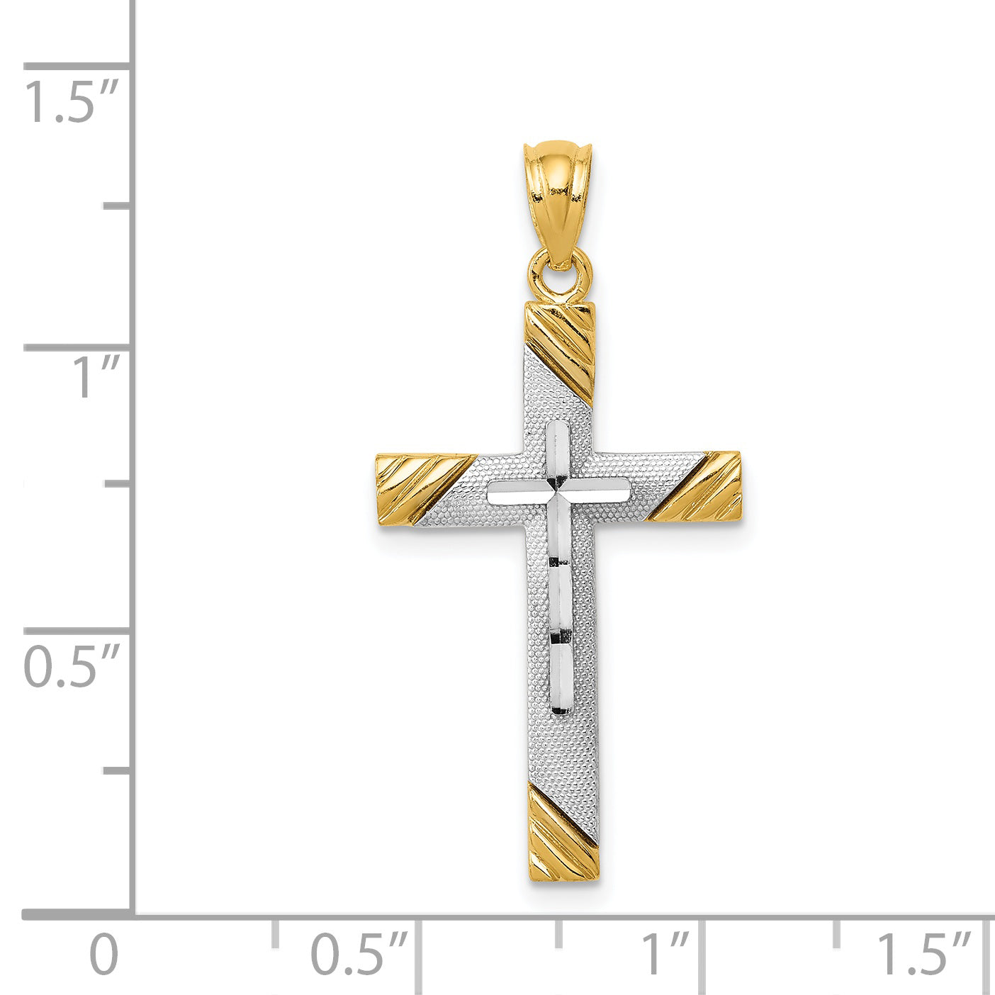 14K Gold Cross Pendant with Rhodium Accents Polished & Textured Design