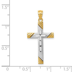 14K Gold Cross Pendant with Rhodium Accents Polished & Textured Design